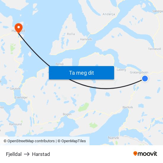 Fjelldal to Harstad map