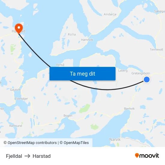 Fjelldal to Harstad map