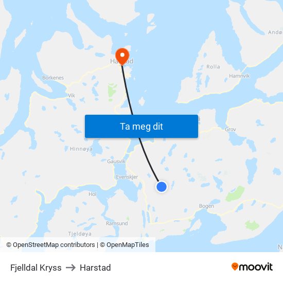 Fjelldal Kryss to Harstad map