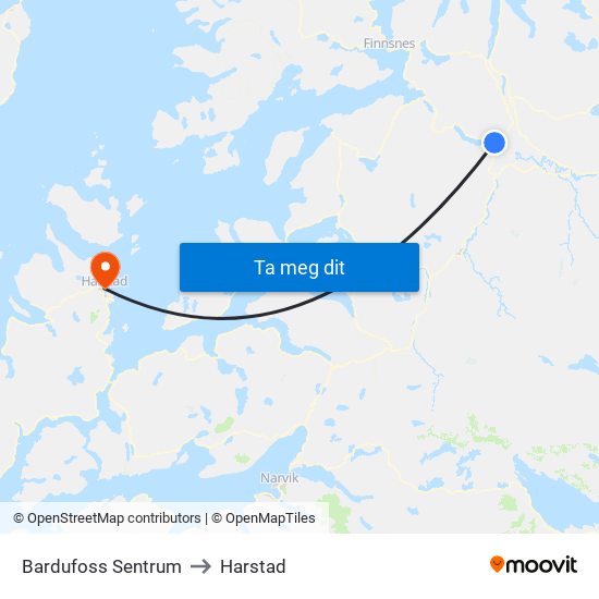 Bardufoss Sentrum to Harstad map