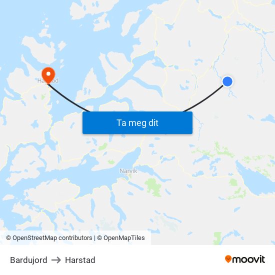 Bardujord to Harstad map