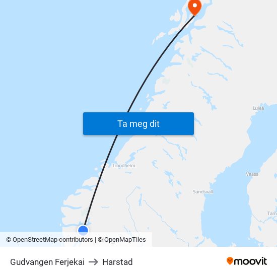 Gudvangen Ferjekai to Harstad map