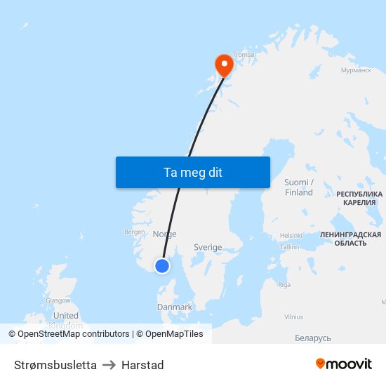 Strømsbusletta to Harstad map