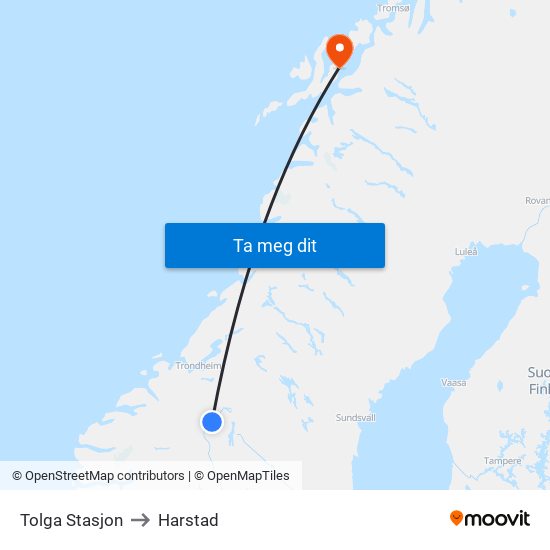 Tolga Stasjon to Harstad map