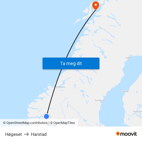 Høgeset to Harstad map