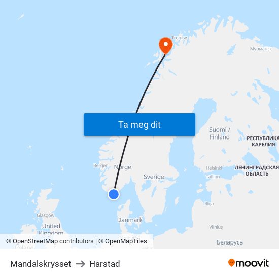 Mandalskrysset to Harstad map