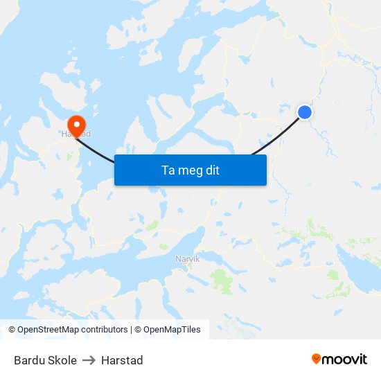 Bardu Skole to Harstad map