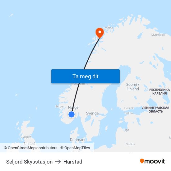 Seljord Skysstasjon to Harstad map