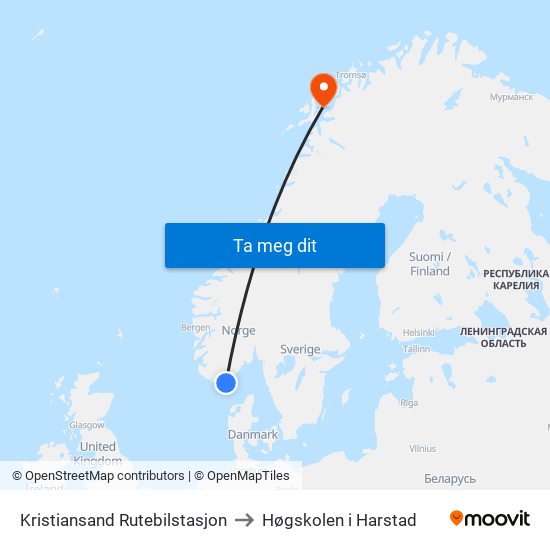 Kristiansand Rutebilstasjon to Høgskolen i Harstad map