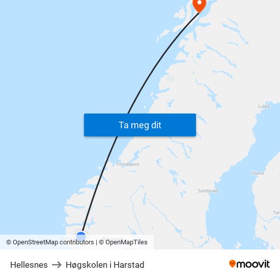 Hellesnes to Høgskolen i Harstad map