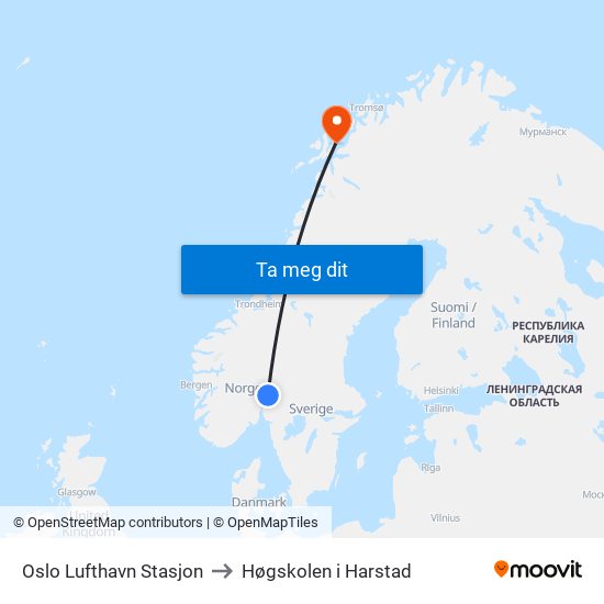 Oslo Lufthavn Stasjon to Høgskolen i Harstad map