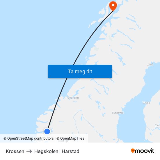 Krossen to Høgskolen i Harstad map