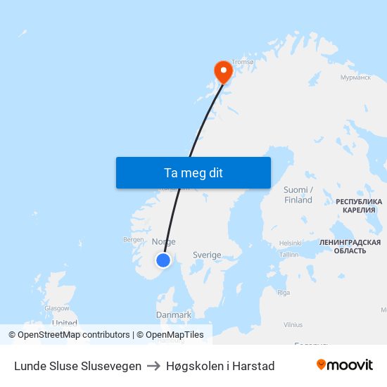 Lunde Sluse Slusevegen to Høgskolen i Harstad map