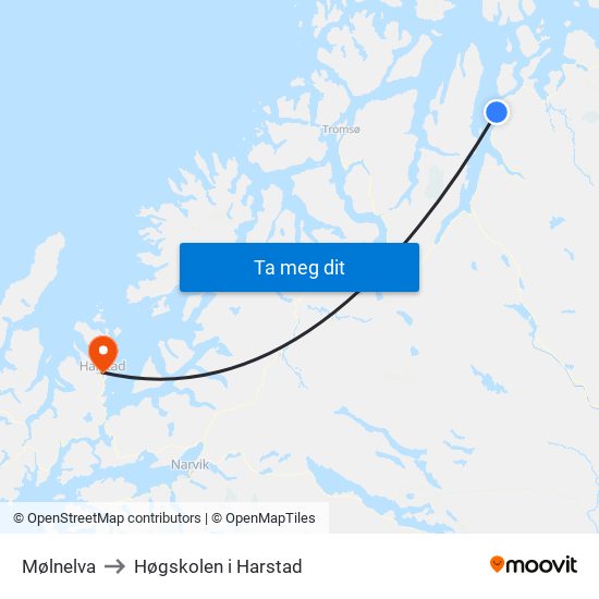 Mølnelva to Høgskolen i Harstad map