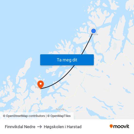 Finnvikdal Nedre to Høgskolen i Harstad map
