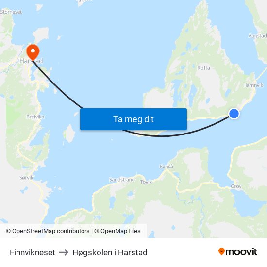 Finnvikneset to Høgskolen i Harstad map