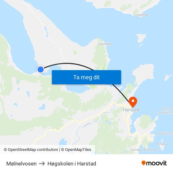 Mølnelvosen to Høgskolen i Harstad map