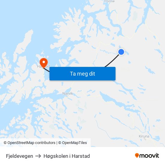 Fjeldevegen to Høgskolen i Harstad map