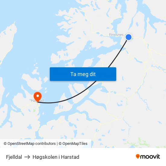 Fjelldal to Høgskolen i Harstad map