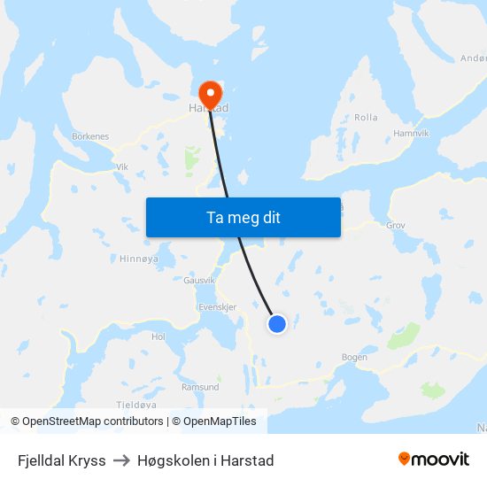 Fjelldal Kryss to Høgskolen i Harstad map