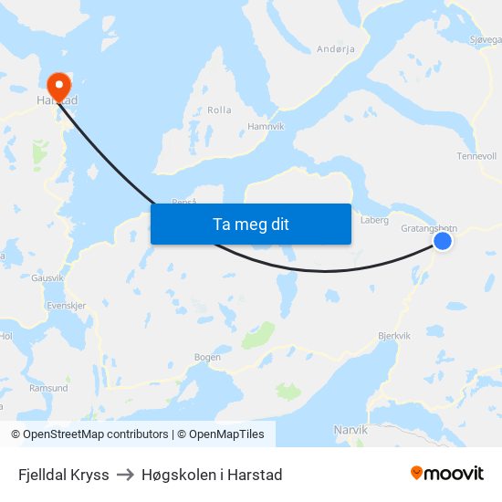 Fjelldal Kryss to Høgskolen i Harstad map