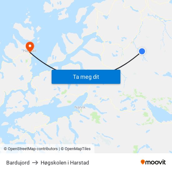 Bardujord to Høgskolen i Harstad map