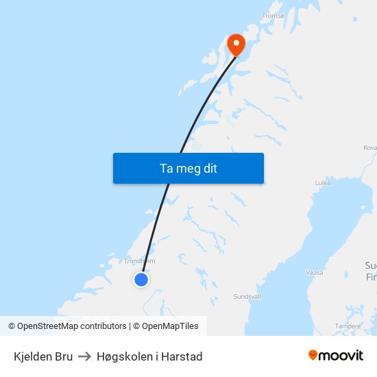 Kjelden Bru to Høgskolen i Harstad map