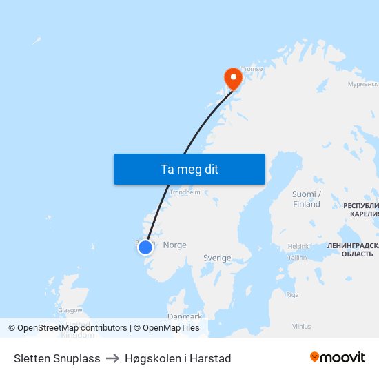Sletten Snuplass to Høgskolen i Harstad map