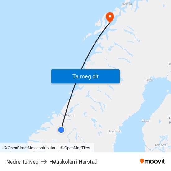 Nedre Tunveg to Høgskolen i Harstad map