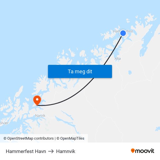 Hammerfest Havn to Hamnvik map