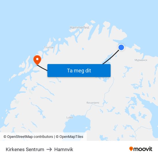 Kirkenes Sentrum to Hamnvik map