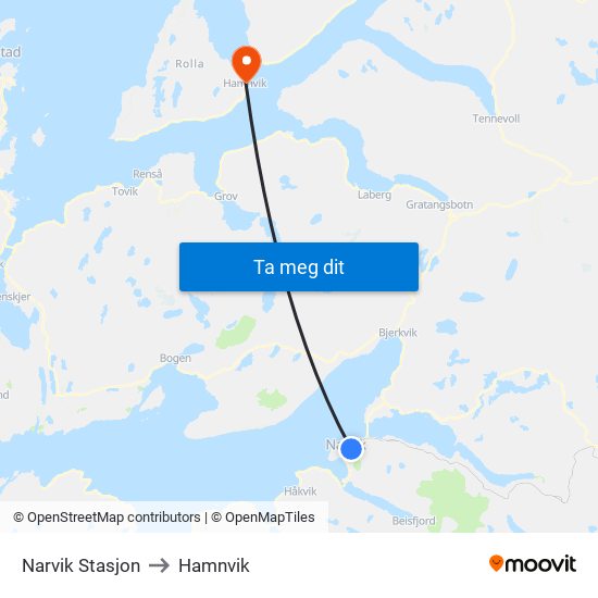 Narvik Stasjon to Hamnvik map