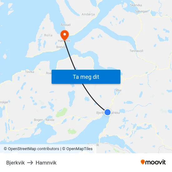 Bjerkvik to Hamnvik map