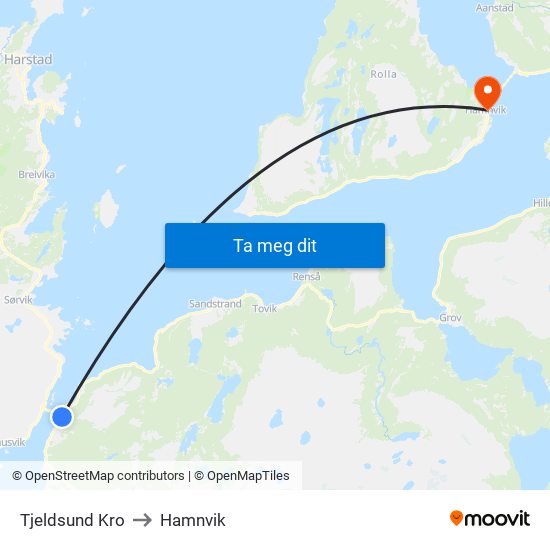 Tjeldsund Kro to Hamnvik map
