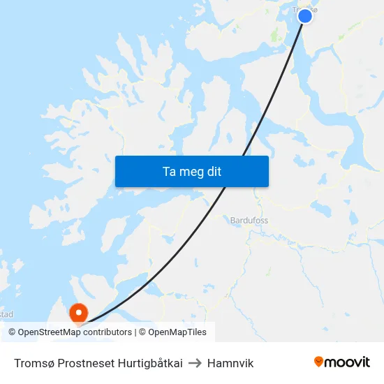 Tromsø Prostneset Hurtigbåtkai to Hamnvik map