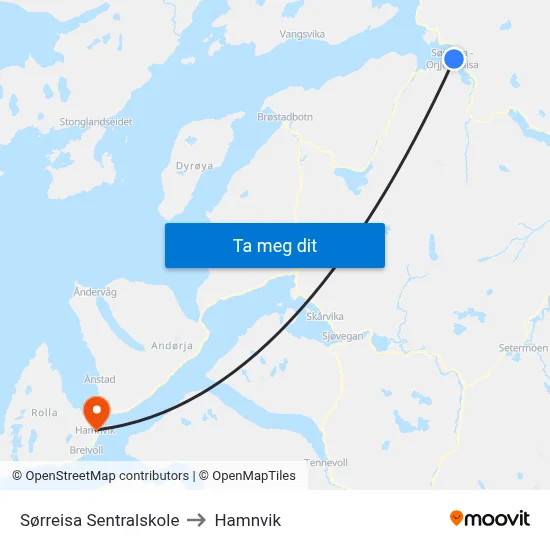 Sørreisa Sentralskole to Hamnvik map