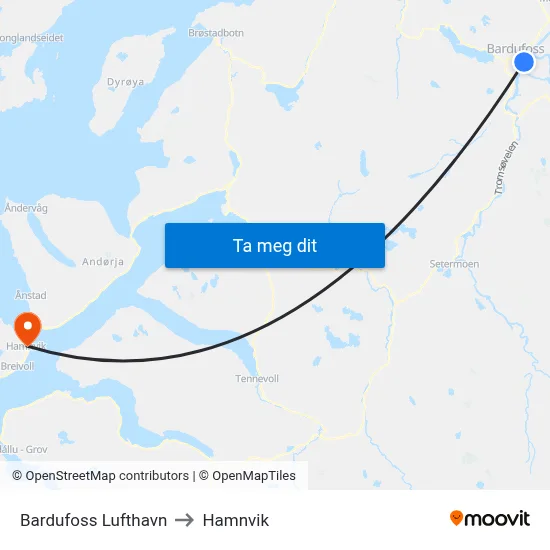 Bardufoss Lufthavn to Hamnvik map