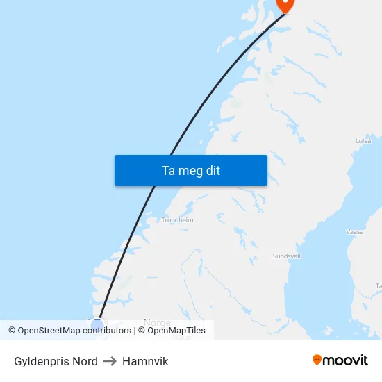 Gyldenpris Nord to Hamnvik map
