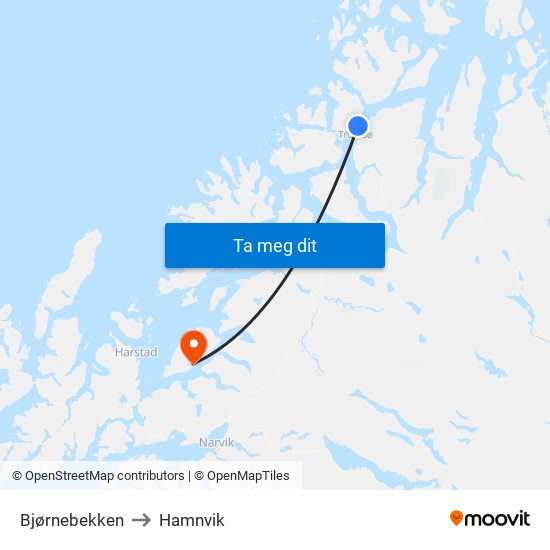 Bjørnebekken to Hamnvik map