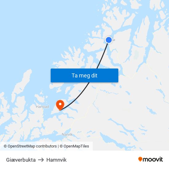 Giæverbukta to Hamnvik map