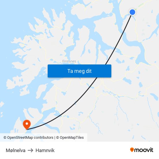 Mølnelva to Hamnvik map