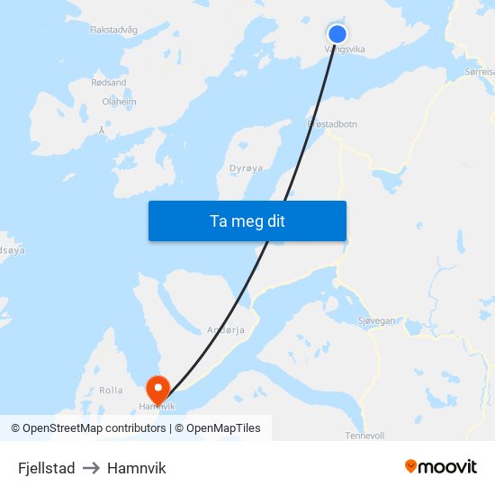 Fjellstad to Hamnvik map