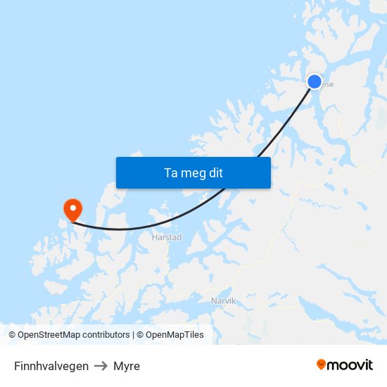 Finnhvalvegen to Myre map