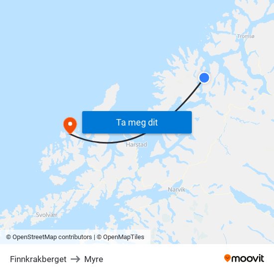Finnkrakberget to Myre map