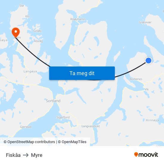 Fiskåa to Myre map