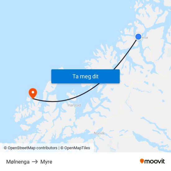 Mølnenga to Myre map