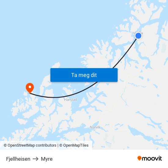 Fjellheisen to Myre map