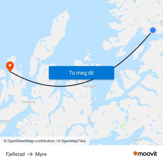 Fjellstad to Myre map