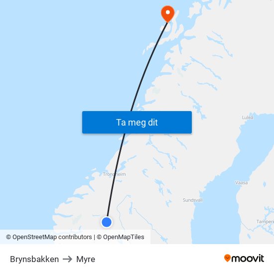 Brynsbakken to Myre map