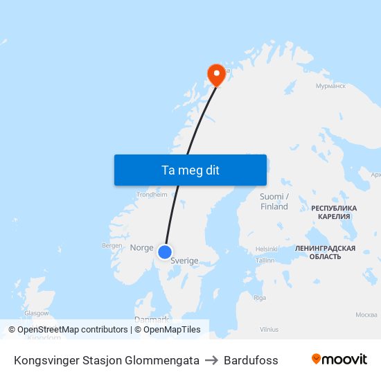 Kongsvinger Stasjon Glommengata to Bardufoss map